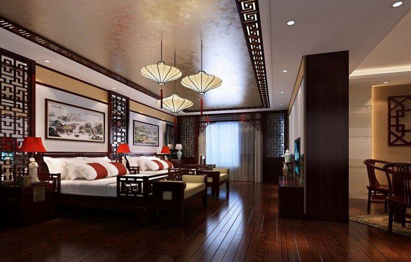 中式酒店裝修臥室全貌